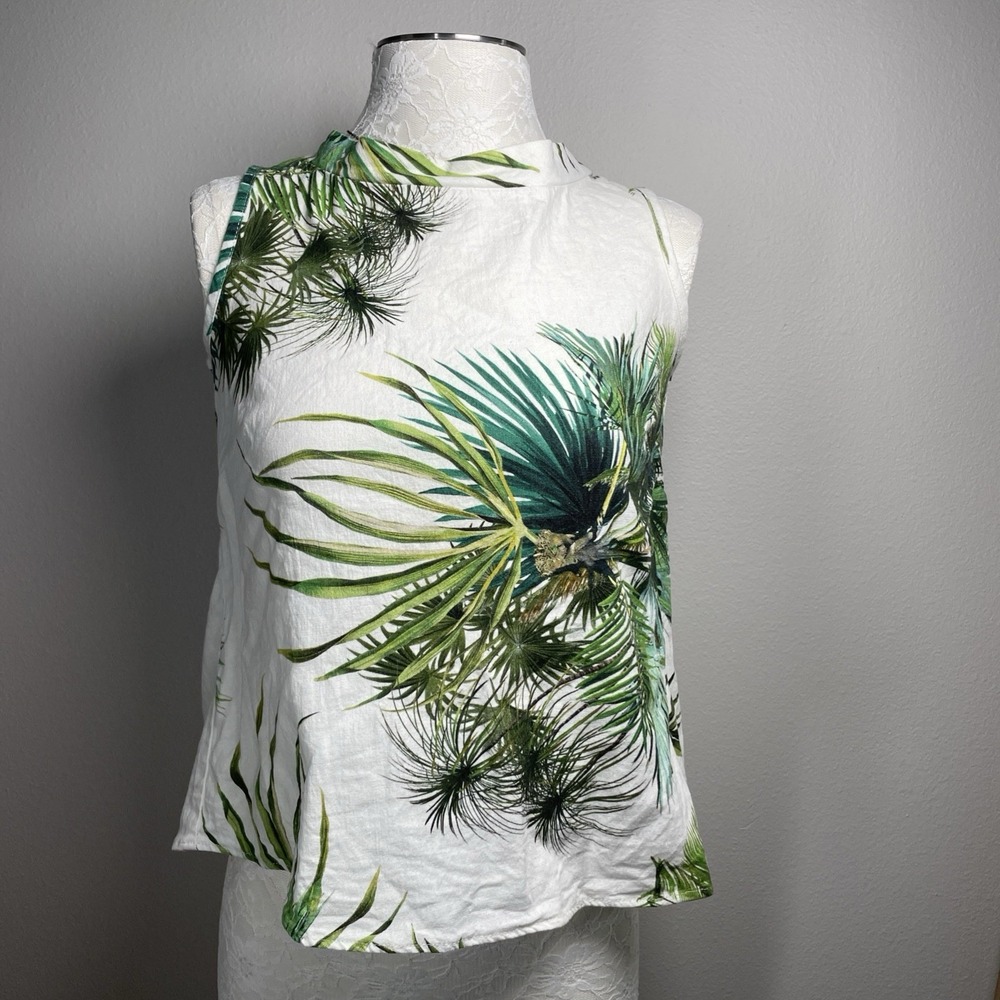 Bodybag by Jude Women XS White Palm Print Tank Top Tropical Coastal Linen Blend